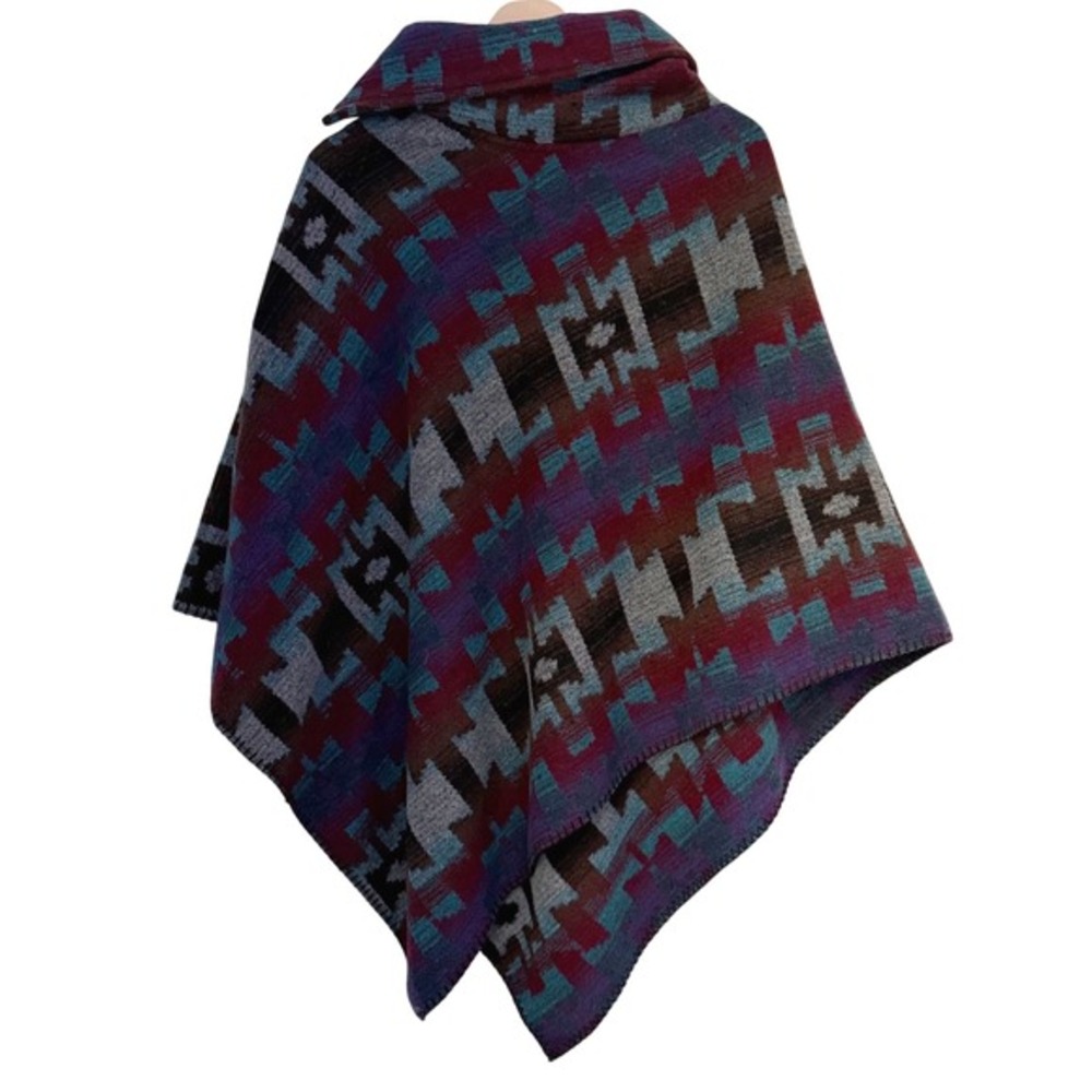 Rhonda Stark Southwestern Wool Blend Hooded Poncho Cowl Neck Made in USA Wrap OS - Picture 4 of 6